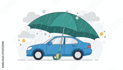 Vivid vector illustration depicting a blue car protected by a large green umbrella during a rain shower, symbolizing comprehensive car insurance coverage and protection against unforeseen