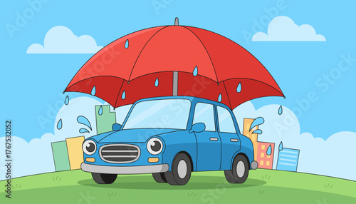 Whimsical cartoon illustration of a bright blue car parked on a grassy hill under a large red umbrella, protecting it from falling raindrops, with stylized city buildings in the background under a