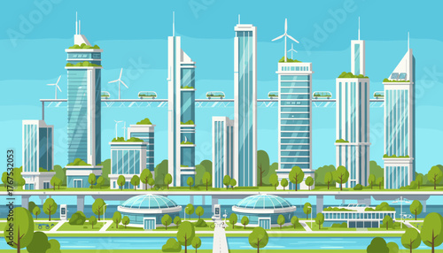 Vibrant flat illustration of a futuristic ecofriendly city skyline with modern skyscrapers, green rooftops, wind turbines, solar panels, elevated transport systems with buses, and lush green parks
