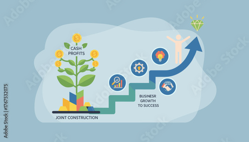 Conceptual illustration of business growth and financial success, featuring a money tree with cash profits, a staircase leading to a diamond, and icons representing analysis, collaboration