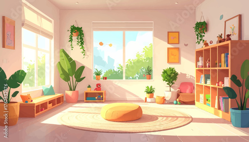 Home office furniture flat color vector illustration. Contemporary desk with chair. Workplace ergonomics. Fully editable 2D simple cartoon interior with cozy atmosphere and bookcases on background