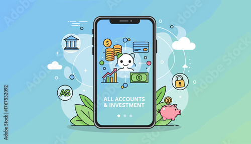 Vibrant vector illustration depicting a virtual business assistant on a smartphone screen, showcasing financial growth, savings, and security features with icons like coins, credit cards, piggy bank