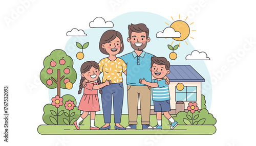 Vibrant vector illustration of a happy, smiling family of four, including mother, father, son, and daughter, standing together in front of their home with a garden, apple tree, and sunny sky