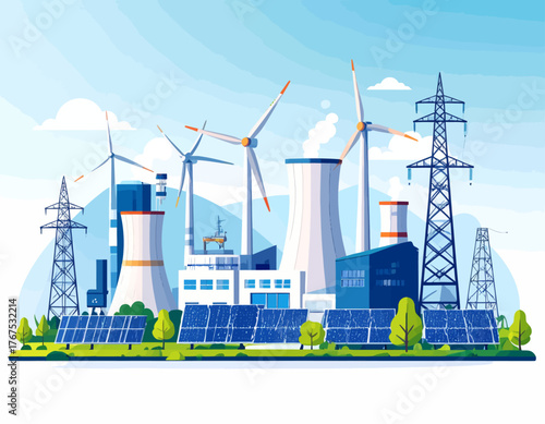 Eco friendly power plant flat color vector illustration. Alternative energy factory 2D cartoon landscape with wind turbines and solar panels on background. Environmentally safe electricity source
