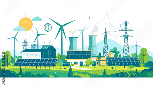Eco friendly power plant flat color vector illustration. Alternative energy factory 2D cartoon landscape with wind turbines and solar panels on background. Environmentally safe electricity source
