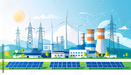 Eco friendly power plant flat color vector illustration. Alternative energy factory 2D cartoon landscape with wind turbines and solar panels on background. Environmentally safe electricity source
