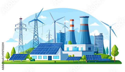 Eco friendly power plant flat color vector illustration. Alternative energy factory 2D cartoon landscape with wind turbines and solar panels on background. Environmentally safe electricity source
