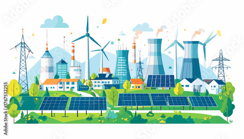 Eco friendly power plant flat color vector illustration. Alternative energy factory 2D cartoon landscape with wind turbines and solar panels on background. Environmentally safe electricity source
