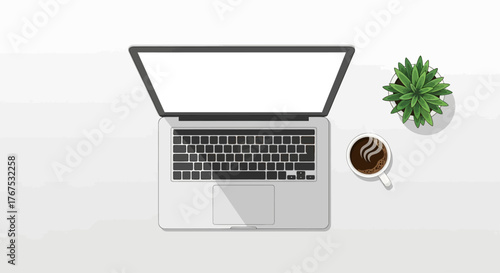 Overhead view of an open laptop on a table next to a cup of coffee and a small potted plant on a white surface with a city view window in a remote work home office setting.