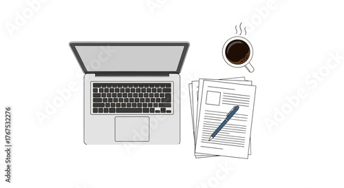 A minimalist line drawing of a laptop, coffee cup, papers with a pen on top, and a city view in the background, symbolizing remote work from a home office.