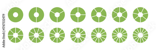 Wheel life template. Circle division from 1 to 14 equal parts. Lifestyle balance. Green round divided diagrams segments. Infographics pizza, pie charts set. Coaching blanks pattern.