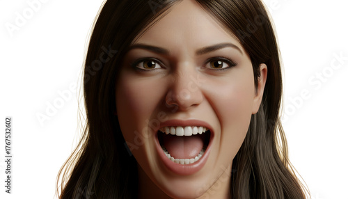 Young woman with long dark hair is expressing excitement and joy, showcasing a vibrant smile while shouting, capturing a moment of enthusiasm and energy in a lively atmosphere