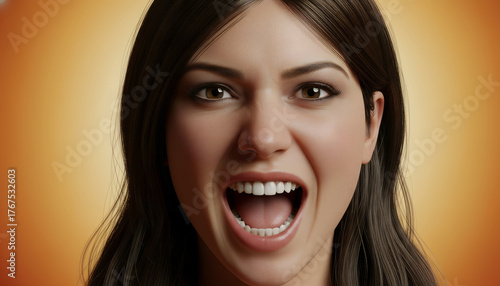 Young woman with long dark hair is expressing excitement with a wide smile and open mouth, showcasing vibrant energy against a warm gradient background