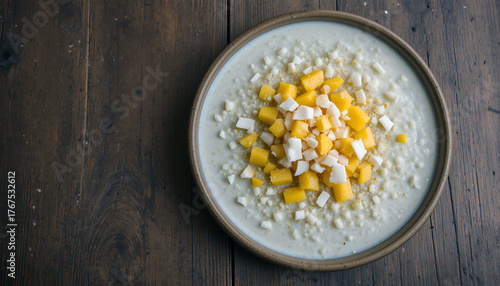 Creamy dessert bowl featuring a blend of soft cheese, diced mango, and coconut flakes, beautifully arranged on a rustic wooden table, showcasing culinary artistry and fresh ingredients