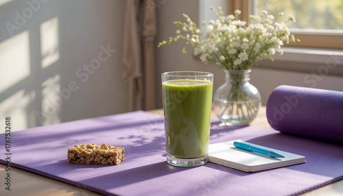 Refreshing green smoothie in a glass on a purple yoga mat, accompanied by a snack bar and a notepad, creating a serene wellness atmosphere for healthy living