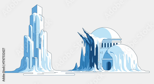 Frozen city buildings a skyscraper and a domed structure covered in ice.