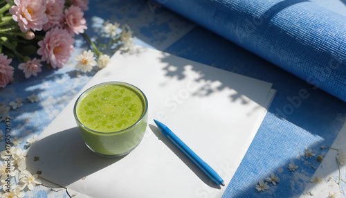Refreshing green smoothie in a glass cup sits beside a blue pen on a blank sheet of paper, surrounded by flowers and a textured blue background, inviting creativity and wellness