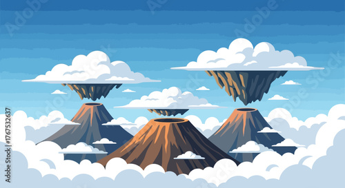 Floating Islands with Volcanoes in the Sky Cartoon Illustration.