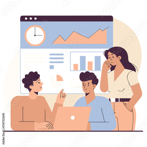 seo marketing team analyzing website stats  flat v