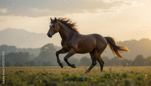 Majestic brown horse galloping freely across a vibrant green meadow under a golden sunset, showcasing natural beauty and grace in a serene landscape