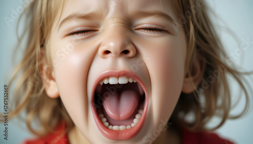 Young girl with light brown hair is joyfully screaming with wide-open mouth, showcasing her teeth, in a vibrant atmosphere, capturing the essence of childhood exuberance and emotion