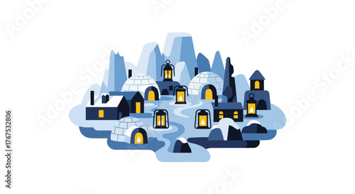 Illustrated arctic village with glowing igloos and ice mountains.