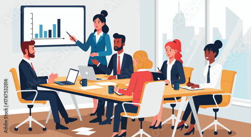 Business meeting with presentation and data analysis in modern office space, fostering collaboration and strategic planning for growth and success