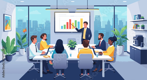 Business meeting with a group of people gathered around a table, listening to a speaker presenting a bar graph on a screen during a presentation