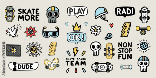 Collection of fun and quirky hand drawn doodle elements related to skateboarding and positive vibes