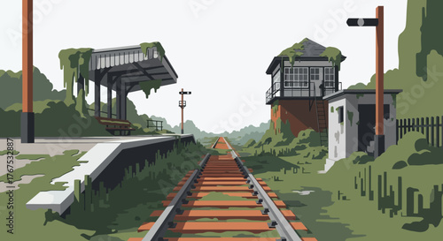 Illustration of an abandoned and overgrown railway station with tracks.