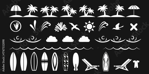 Collection of white silhouette icons representing a tropical beach vacation with surfboards palm trees sun and waves