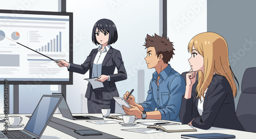 Business presentation with a female team leader explaining a financial chart to colleagues in a modern office meeting room