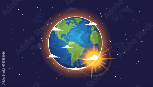 Vibrant illustration of planet Earth in space, bathed in the warm glow of a rising sun, with clouds and stars dotting the deep blue expanse, symbolizing global awakening and new beginnings.