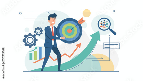 Successful businessman holding a target with an arrow in the center, symbolizing achievement and goal setting, with upward trending graphs, gears, and a magnifying glass over people, representing