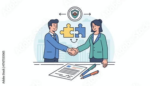 Business partnership concept illustration: two professionals shaking hands over a contract, symbolizing agreement, collaboration, and successful deal-making, with puzzle pieces and a security shield