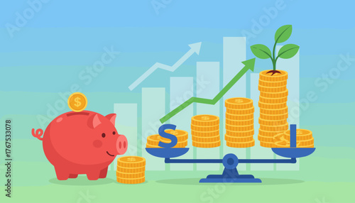 Vibrant illustration of a piggy bank with a coin, stacks of gold coins on a balance scale, and a growing plant symbolizing financial growth and investment, set against a backdrop of rising bar charts