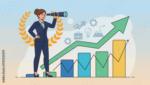 Ambitious businesswoman in a suit looks through a telescope, symbolizing vision and future success, standing before a rising bar graph and laurel wreath, representing growth and achievement in