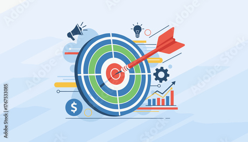 Business marketing concept with a red dart arrow hitting the bullseye on a target, surrounded by icons representing strategy, growth, ideas, and finance, symbolizing success and achievement in a