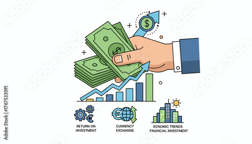 Dynamic illustration of a businessman's hand holding stacks of dollar bank notes, symbolizing financial growth and investment, with upward trending graphs, currency exchange icons, and cityscapes