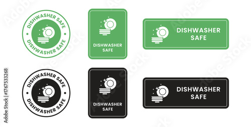 Dishwasher safe design badge, dishwasher green stamp. Symbol, outline icon, tag, badge, label, circle, green white vector round isolated on transparent background.