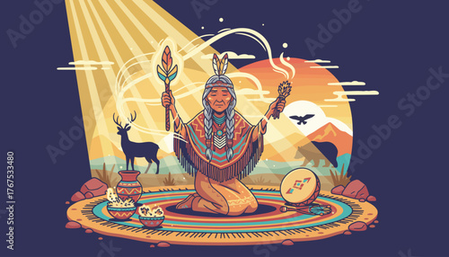 Elderly Native American woman performing a spiritual healing ritual, holding sacred objects, surrounded by symbols of nature and tradition, with a vibrant sunset and mountainous landscape in the