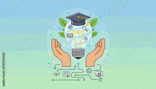 Conceptual illustration of e-learning and graduate certificate programs, featuring a light bulb filled with educational icons like a brain, book, magnifying glass, and graduation cap, held by hands