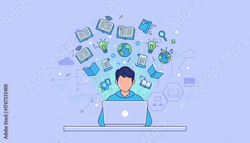 Vivid illustration of a person using a laptop with a stream of virtual educational content flowing out, including books, globes, lightbulbs, and documents, representing online learning and digital