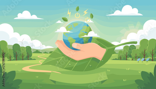 Vibrant illustration of a hand cradling the Earth on a large green leaf, symbolizing environmental protection and sustainable energy, with wind turbines and solar panels in the background under a