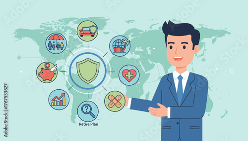 Business man presenting a comprehensive online insurance and protection concept, featuring icons for family, car, travel, health, savings, and retirement planning against a world map background