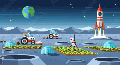 Lunar farming scene with tractors and rocket ship under starry sky.