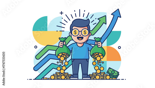 Vibrant flat vector illustration of a cheerful cartoon character holding two overflowing money bags, surrounded by rising green and blue graph arrows, symbolizing financial growth, profit, and