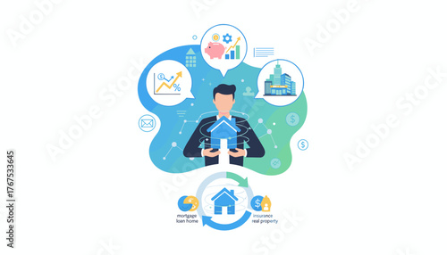 Conceptual illustration of real estate investment, showcasing a businessman holding a house, surrounded by icons representing financial growth, savings, and property insurance, symbolizing mortgage