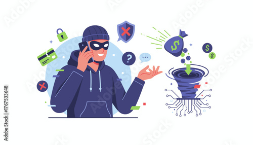 Vivid illustration of a scammer in a hoodie and mask talking on a phone, surrounded by symbols of financial crime like a broken credit card, lock, and a money bag falling into a digital vortex