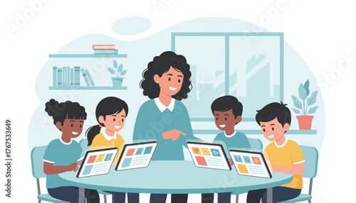 Vibrant illustration of a diverse group of elementary school pupils and their teacher engaged in a digital learning activity around a round table, using tablets to explore educational content in a